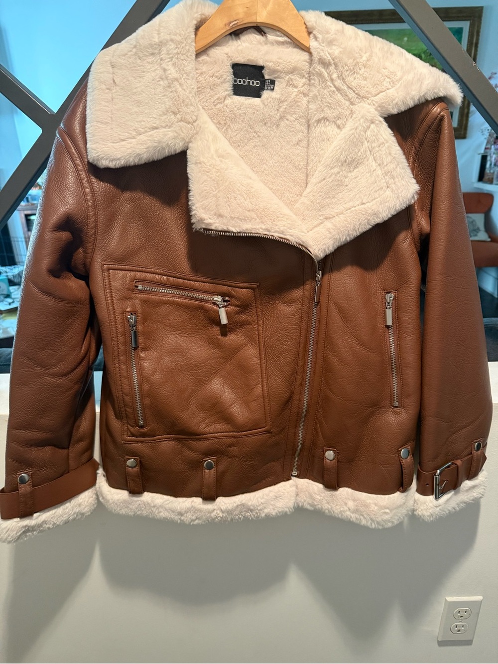 Boohoo Brown Faux Leather Aviator Jacket with Cream Sherpa Collar oversized